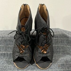 Qupid Open Toe Lace Up and Zipper Ankle Bootie